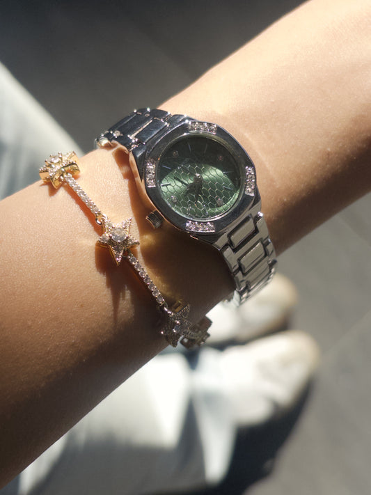 TAŞLI YEŞİL KADRAN SAAT SILVER