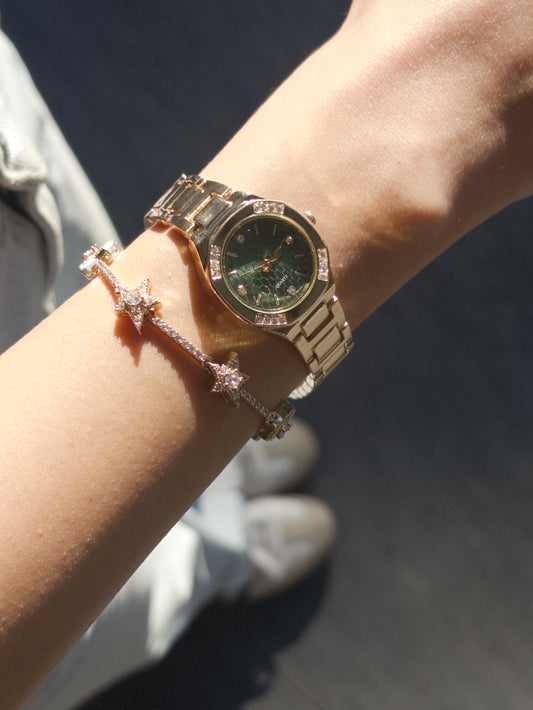 TAŞLI YEŞİL KADRAN SAAT GOLD